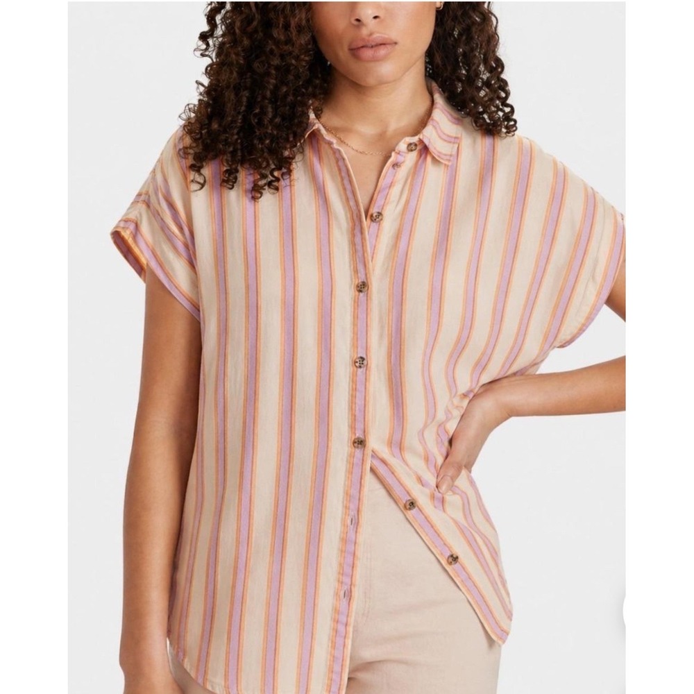 Marine Layer Dana Striped Linen Blend Button Down Shirt Medium Natural Resort